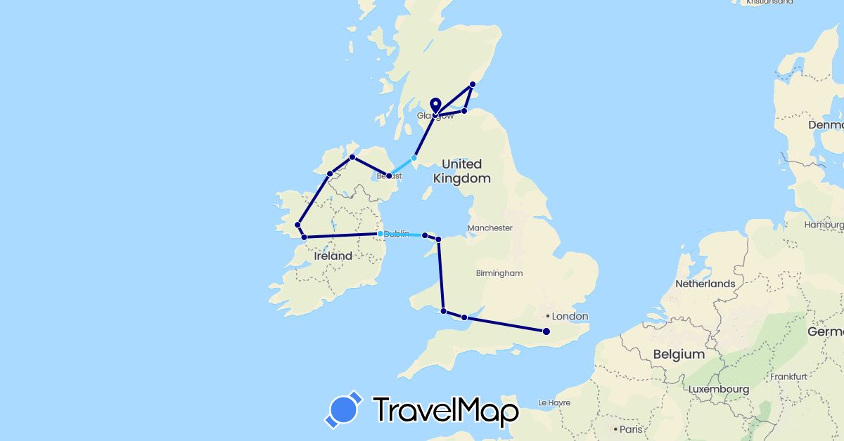TravelMap itinerary: driving, boat in United Kingdom, Ireland (Europe)