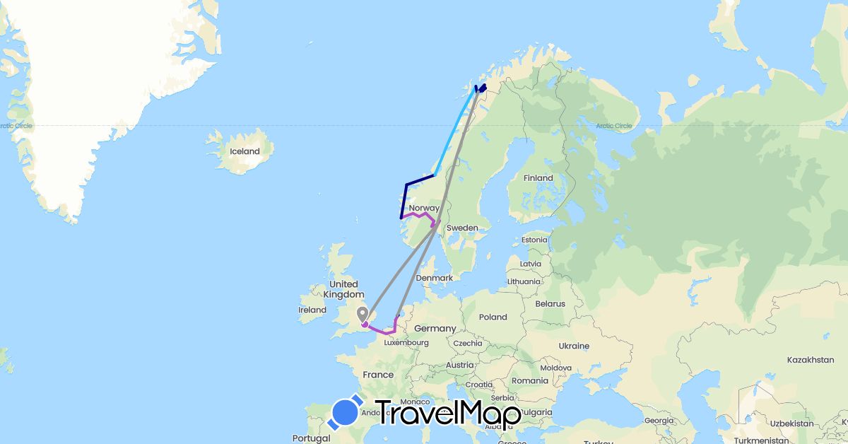 TravelMap itinerary: driving, plane, train, boat in Belgium, France, United Kingdom, Netherlands, Norway (Europe)
